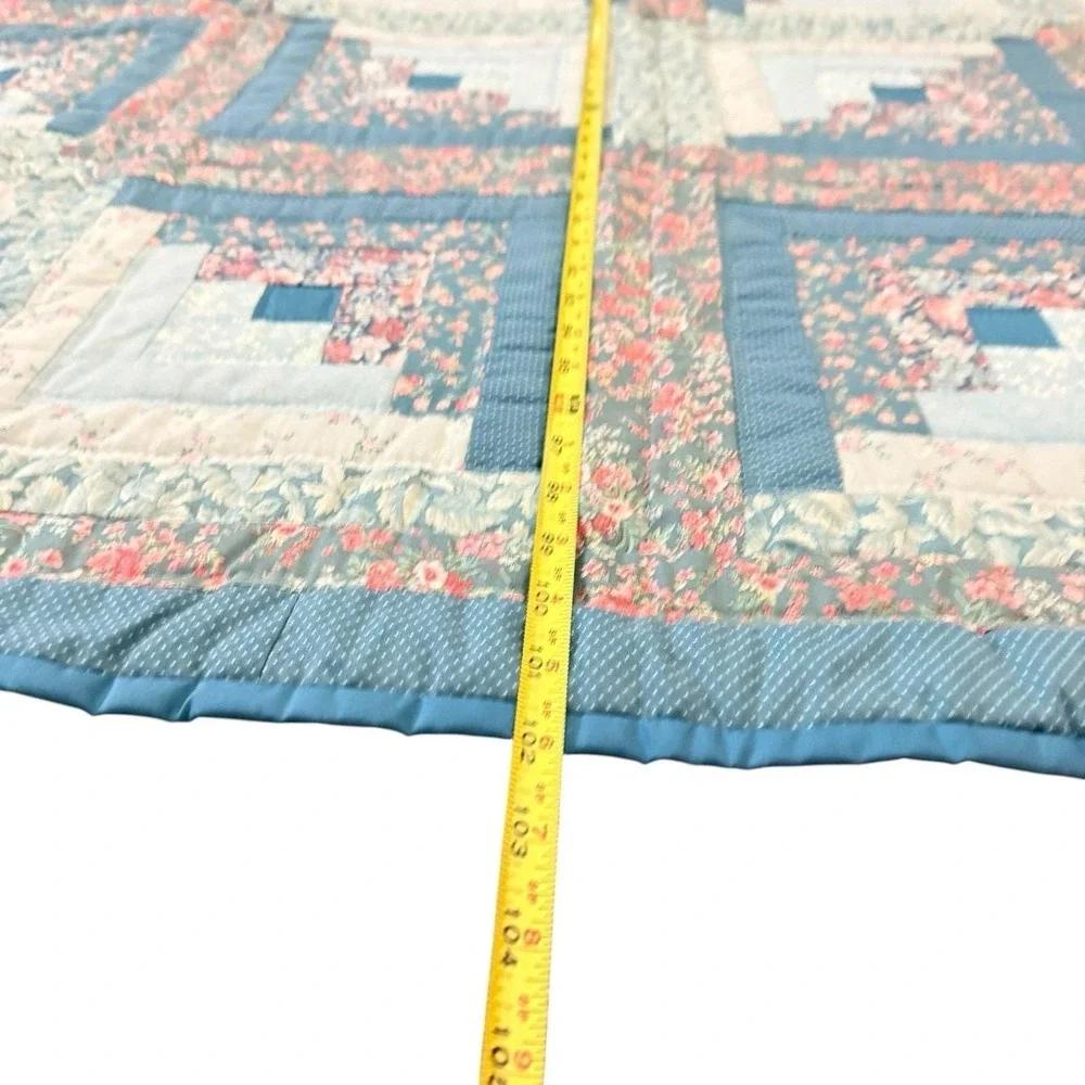 Vtg Log Cabin Quilt 102x86 Queen King Handmade Bedspread Floral Cottagecore
